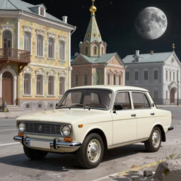 pfuturistic lada car on the street of a Russian sleeping quarters on the moon, Norilsk, sci-fi, fantasy, intricate, very very beautiful, elegant, highly detailed, digital painting, artstation, concept art, smooth, sharp focus, illustration, art by artgerm and greg rutkowski and alphonse mucha