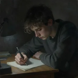 a depressive painting of jeremy mann, a close up view of a young man writing on a small desk, heavy dark vignette, dim light, dark background, dreamy, misty, desaturated, ominous, depressing, unsettling, creepy