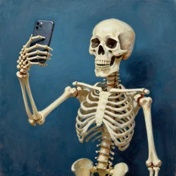 skeleton taking a selfie, painting by mr. fish