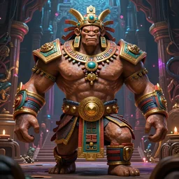 Final boss beast muscular overpowered with mayan clothes and gold jewelry, Xibalba in underworld the background, digital art, fantasy, very coherent symmetrical artwork, cinematic, hyper realism, high detail, octane render, unreal engine, 8k, Vibrant colors, Smooth gradients, High contrast