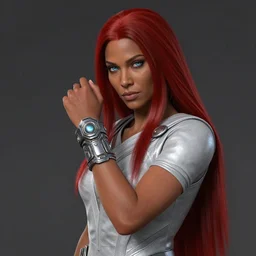 Full body Picture of a female Holomancer, tech inspired, futuristic bracelet, light brown skin, crimson hair, long straight hair, Light silver attire, robes, battle, detailed face features, light blue eyes, D&D, by artgerm and Craig Mullins, James Jean, Andrey Ryabovichev, Mark Simonetti and Peter Morbacher, matte painting, trending on artstation, artstationHD, artstationHQ, octane, full HD, 16K, alluring