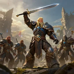 cinematic artwork of Anduin Wrynn with his sword raised, ressurecting allies, World of Warcraft by Greg Rutkowski, 4k, realistic, masterpiece