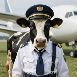 a highly detailed ultra realistic photograph of a cow dressed in a male airplane pilot suit