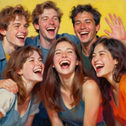amazing beautiful, detailed, photorealistic painting of a group of friends laughing together. the colors are very vibrant and the people in the photo look very happy. vibrant colors, very funny, personal, positive, visually pleasing, engaging and contains humans. high resolution. high quality. hq hd. trending on artstation.