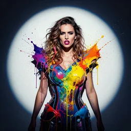 a woman with a septum piercing, defiant, passionate, spotlight, paint drips, paint splatter, vibrant colors, dramatic, canvas texture, futuristic clothing, by marco paludet and jeremy mann