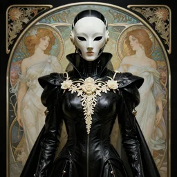 a cyborg with mask, black leather garment with art nouveau ivory accessories, cyberpunk, darksynth, luxury, concept art by jama jurabaev, extremely detailed, ominous, ethereal, artstation, andree wallin, edvige faini, balaskas, alphonse mucha