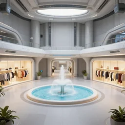 a central plaza with a fountain and with a clothing store at the side, inside a large spaceship, from a space themed Sierra point and click 2D graphic adventure game, made in 2019, high quality graphics