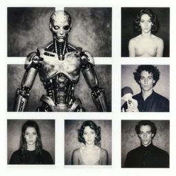 a black and white photograph of a cybernetic androgyny, monsterous, in the style of m c escher, jenny saville, egon schiele, wassily kandinsky, piet mondrian, film photography, cinematic photography, fashion photography, polaroid photography, soft lighting, surreal