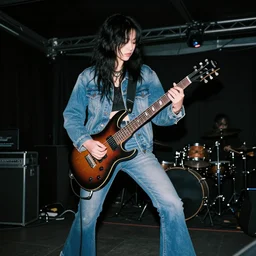 19-year-old girl with long shaggy black hair, wearing denim jacket and bell-bell-bottom jeans, playing electric guitar, stoner metal concert, heavy blues rock, doom metal, 30mm photography