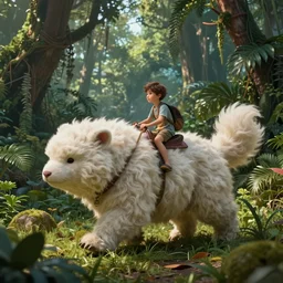 an intricate concept illustration of a boy riding on fluffy creature exploring the jungle, artstation, fantasy, hyper realistic, concept art, art by dylan cole, cinematic lighting, fantasy color palette
