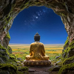 a dreamy buddha meditating in a cave and overlooking a vast plain, mossy rocks, a sky full of stars background, 4 k, hyper realistic, in he style of national geographic, coherent design, symmetrical, vivid colour, complementary colour, golden ratio, detailed, sharp lines, intricate, rainbow shift, in unreal 3 d engine, ray tracing, octane render