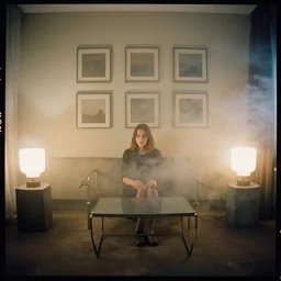 kodak portra 4 0 0, wetplate, 8 mm extreme fisheye, award - winning colour portrait by britt marling : a 1 9 6 0 s room, smoke, square square picture frames, haze, concrete, shining lamps, 1 9 6 0 s metal furniture, fog, smoke, no people