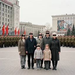 a family stands blindfolded in town square, soviet soldiers behind them watch, red flags, brutalist buildings artwork by rutowski, 4 k, masterpiece