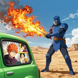 dragon spits fire on a blue knight holding a gold sword, green hatchback car screen left, low wide angle, anime, desert landscape, greg rutkowski, Murata, one punch man manga, cinematic, digital art, hyper realistic