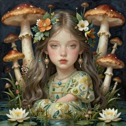 Portrait of a girl surrounded by mushrooms while sitting at a pond with waterlilies, face, fantasy, intricate, elegant, highly detailed, digital painting, artstation, concept art, smooth, sharp focus, illustration, art by Fernanda Suarez and Artem Demura and alphonse mucha