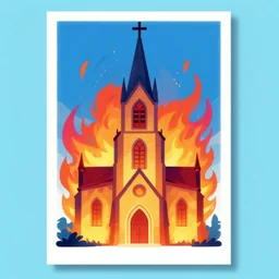 colorful minimalist poster art design of a burning church from pokemon sword and shield