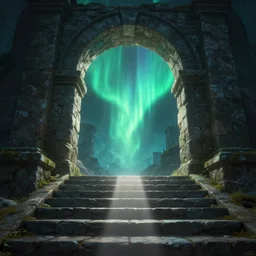 a first person perspective shot looking up a stone staircase leading to an ancient stone archway that leads to an aaahh!!! Real monsters dimension and emanating glowing aurora light by James Gurney and beeple | Time White: .3 | unreal engine | subtle glow | cinematic lighting | establishing shot