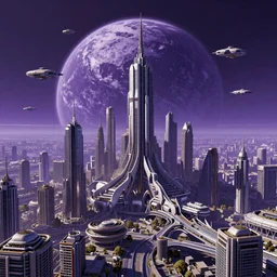 “A ultra detailed sci fi city on a purple planet with ships and buildings”