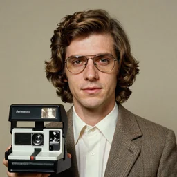 A photograph portrait of Jerma985 with medium length wavy hair, a combover, navigator glasses, and wearing late 1970s popped collared menswear in the late 1970s, taken in the late 1970s, grainy, taken on a 1970s Polaroid Camera, realistic, hyperrealistic, very realistic, highly detailed, very detailed, extremely detailed, detailed, digital art, trending on artstation, colorized photo, colored photo