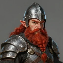attractive male dwarf thief with a braided red beard wearing armor and helmet, character portrait, concept art, intricate details, highly detailed photorealistic portrait in the style of brom and seseon yoon, digital art, realistic painting, dnd, character design, trending on artstation