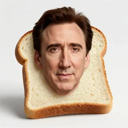 nicholas cage on a piece of bread, hyper realistic