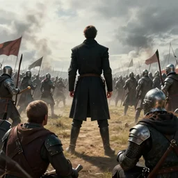 epic cinematic artwork of medieval warriors watching depeche mode sing on the battlefield by greg rutowski, 4 k, sun rays, masterpiece
