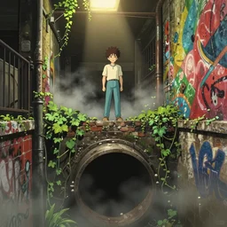 anime movie screenshot, character standing in edge of large open sewer pipe in underground london sewer, overgrown vines, bricks, street art, graffiti, colorful mural on walls, submerged dramatic, misty, warm spotlight, ghibli, sharp focus, by koji morimoto, by tatsuyki tanaka, 4 k