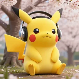 A giant Pikachu wearing headphones while sitting against a blossom tree in Japan, XF IQ4, 150MP, 50mm, f/1.4, ISO 200, 1/160s, natural light, Adobe Photoshop, Adobe Lightroom, DxO Photolab, Corel PaintShop Pro, rule of thirds, symmetrical balance, depth layering, polarizing filter, Sense of Depth, AI enhanced