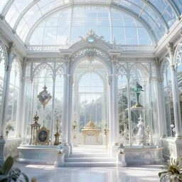 secret museum of magical items inside a crystal greenhouse palace, victorian style, octane render, intricate detail, lots of bookshelf, cel - shading, cinematic, edge - to - edge print, plants, wide angle, bright,