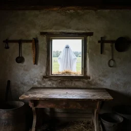 1 9 2 0 s photography from the inside of an old bavarian farmer pasture, tools and harmonica on the wall, faint light, low light, dust, old table, humanlike hay ghost starring inside through the window