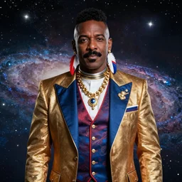 mr. t as president of the galaxy with mohawk and wearing gold jewelry and a fancy scifi three - piece suit and feather earrings, patriotic, astronaut helmet, space background, professional studio photo, medium shot, hyper color pop art style