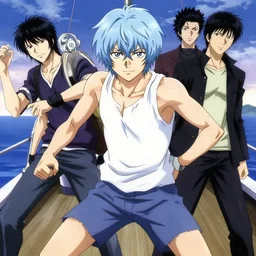 style of madhouse anime, rei hiroe, loish, artgerm, joshua middleton, revy from black lagoon, symmetrical eyes and symmetrical face, jean shorts, white tank top, middle shot, action pose, on a boat, smirk on face, evening, natural lighting
