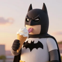 a large knitted batman licking a vanilla ice cream cone during sunset at the beach Trending on artstation, featured on Behance, well-rendered, Unreal Engine, 4K HD