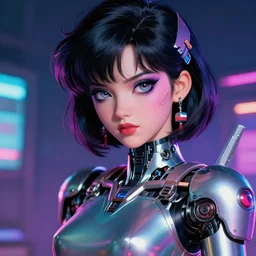 beautiful female robot manga portrait with sci - fi makeup, anime 3 d style, chromatic skin, retro armor, eighties look, beautiful lights, vintage look, depth of field, gradients, hyper realistic, illustration, airbrush, 8 k, intricate, duo tone, art by david la chapelle and philip castle, artgerm