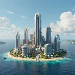 afrofuturistic Megapolis sticking out of the ocean by an tropical island