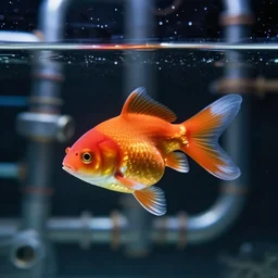 goldfish floating in space with complicated piping behind it