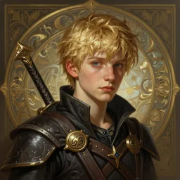 an epic fantasy comic book style portrait painting of a young blonde boy thief, d & d, fantasy, intricate, elegant, highly detailed, digital painting, artstation, concept art, matte, sharp focus, illustration, art by artgerm and greg rutkowski and alphonse mucha