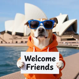 A portrait photo of a dog wearing an orange hoodie and blue sunglasses holding a sign on the chest that says Welcome Friends, subject: dog, subject detail: wearing orange hoodie, wearing blue sunglasses, subject location: sydney opera house, subject action: holding sign