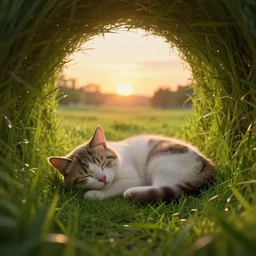 a cute cat sleeping on the grass inside a tunel at sunset, godrays, complementary colors, warm lighting, raytracing, highly detailed, high quality, 4k HDR, concept art, octane render, unreal engine 5, high coherence, calm, relaxing, beautiful landscape, serene