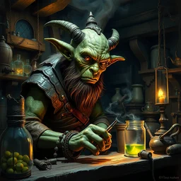 portrait of green - skinned goblin alchemist working in his fantasy medieval workshop, nighttime, illustration concept trending pixiv fanbox by wlop and greg rutkowski and caravaggio and rosa bonheur, and william harnett, hyperrealism art