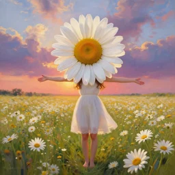 head made of giant daisies, smiling girl standing barefoot in a vast flower field, arms outstretched, surreal photography, sunrise dramatic light, impressionist painting, colorful clouds, large sky, digital painting, artstation, simon stalenhag, flower face