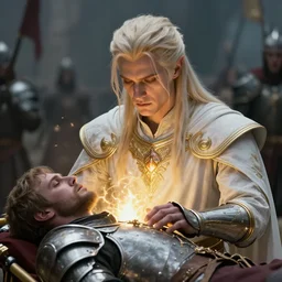 extreme closeup portrait of an aasimar man with platinum blonde hair wearing white and gold vestments under armor healing a wounded soldier in armor on a stretcher with golden holy magic in war camp, detailed, realistic, Greg Rutkowski, 4k, pensive, dungeons and dragons, holy magic