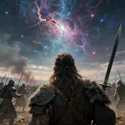 beautiful cinematic artwork from close up behind a warrior standing on the battlefield looking up at the sky, battle around him, the sky has rift to the cosmos, by greg rutowski, masterpiece, 4k
