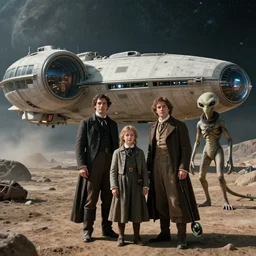 sharp, detailed, 256k film still from a sci fi blockbuster color movie made in 2022, set in 1860, of a family standing in front of a spaceship that has just landed on an alien planet, a humanoid alien creature stands nearby, the family are all wearing 1860s era clothes, cinematic lighting, good photography, sharp focus