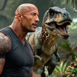 Film still close-up shot of Dwayne Johnson and a dinosaur in the movie Jurassic Park. Photographic, photography