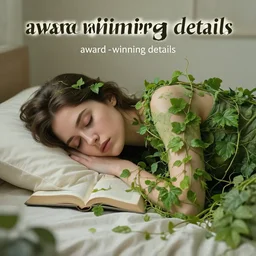 “ very photorealistic photo of vines growing out of a woman ’ s book as she sleeps, award - winning details ”