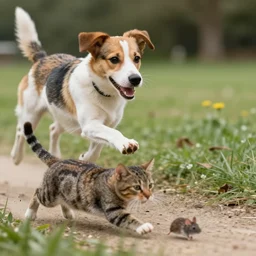 dog who is chasing a cat, who is chasing a mouse