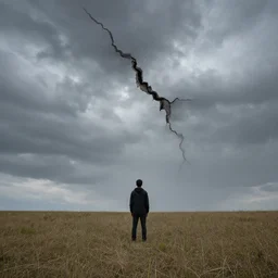 a man standing in a open field with a rift in the sky, wide angle shot, hd, intricate detail