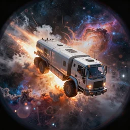 An epic fantastic realism comic book style painting of the most beautiful spacetruck launched into space, color smoke, nebula, particles, glorious galactic collision, fisheye, unreal 5, DAZ, hyperrealistic, octane render, dynamic lighting, bokeh effect