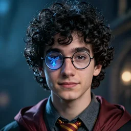 close - ip shot, character portrait, a seventeen years old male!! ravenclaw wizard with black curly hair, wearing browline!! glasses!!! with a mandrake!!!, blue shiny lighting, beautiful fantasy art, film still from new fantastic beasts and where to find them movie, by artgerm and hayao miyazaki, trending on artstation